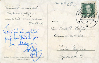 Zadní strana pohlednice datované 26. březen, 1937