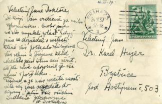 Zadní strana pohlednice datované 24. červenec, 1937