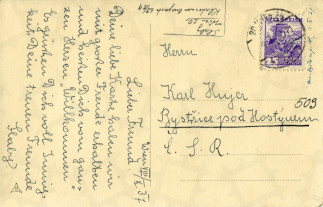 Zadní strana pohlednice datované 8. říjen, 1937