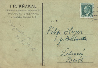 Zadní strana pohlednice datované 12. únor, 1938
