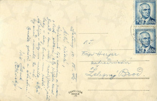 Zadní strana pohlednice datované 10. červenec, 1946