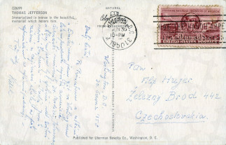 Zadní strana pohlednice datované 30. červen, 1950