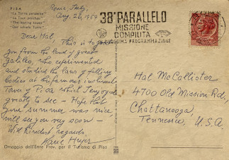 Zadní strana pohlednice datované 26. srpen, 1959