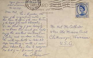 Zadní strana pohlednice datované 14. červenec, 1961