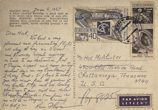 Zadní strana pohlednice datované 9. červen, 1967